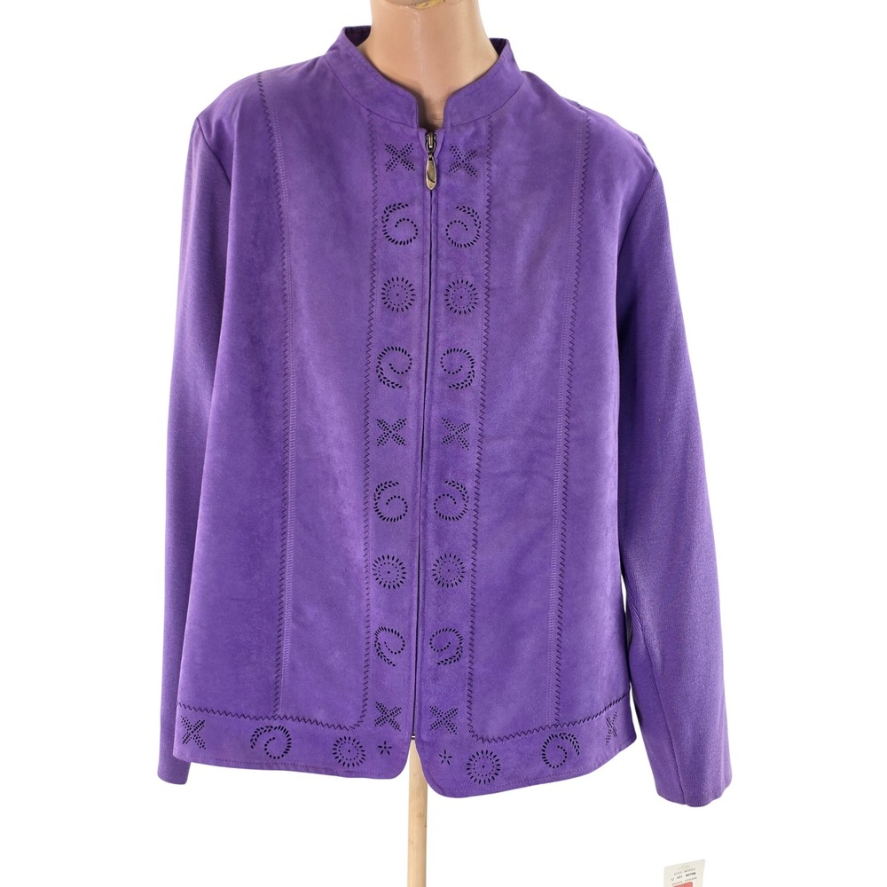 TanJay Jacket Women XL Purple Laser Cut Faux Suede Knit Mixed Media U48192756